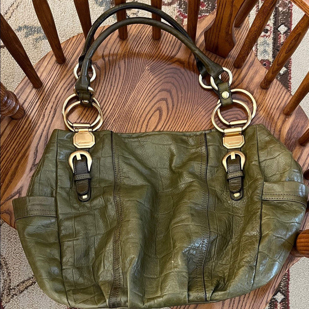 B. Makowsky Khaki Leather Tote with Gold Rings